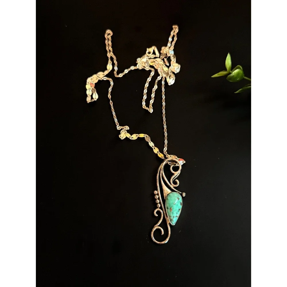 Sterling Silver 925 Turquoise Scroll‎ Pendant Necklace 30 Inch Chain 12.6g